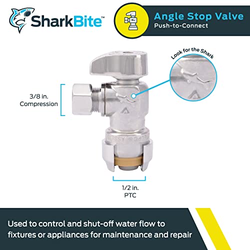 Sharkbite 1/2 X 3/8 Inch Compression Angle Stop Valve, Quarter Turn, Push To Connect Brass Plumbing Fitting, Pex Pipe, Copper, Cpvc, Pe-Rt, Hdpe, 23036-0000Lf #TOP1