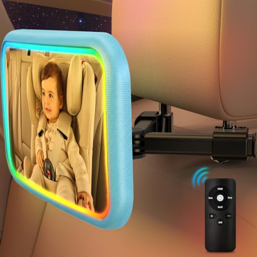 Image of Baby Car Mirror with Light, Blue | 7 RGB Light Rear Facing Car Seat Mirror for Baby with Remote Control Rechargeable 360 Rotation Hook Clip Design Wide View