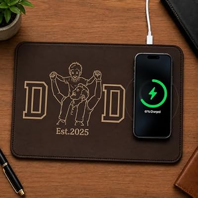 Personalized Dad Wireless Charging Mat, Custom Leather Charging Pad for Dad from Son, Line Art Father and Child Gift, Birthday Gift for Daddy, Faux Leather Desk Charger
