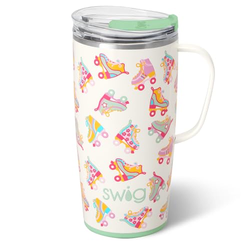 Swig Life 22oz Travel Mug, Insulated Tumbler with Handle and Lid, Cup Holder Friendly, Dishwasher Safe, Stainless Steel, Travel Coffee Cup, Insulated Mug with Lid (Roller Rink)