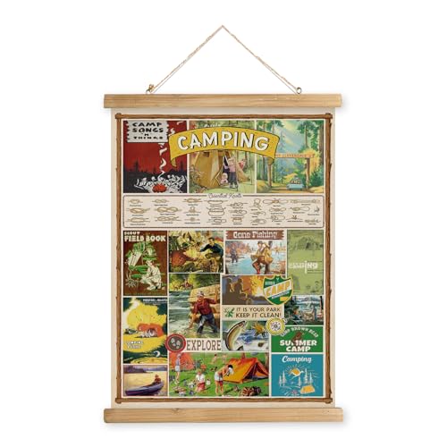 MIDEFINCH Retro Camping Adventure Linen Poster with Wooden Scroll Frame
