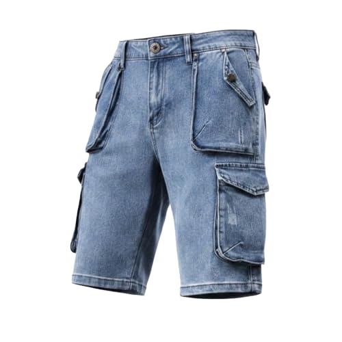 XYXIONGMAO Mens Loose Vintage Techwear Washed Denim Cargo Shorts Tactical Streetwear Multi Pocket Summer Baggy Shorts for Men(Blue,Large)