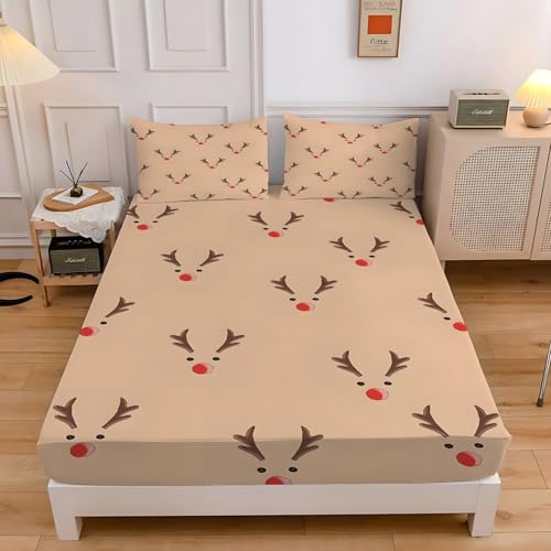 トナカイボックスシーツ セミダブルクリスマスベッドカバー柔らかい通気性マイクロファイバー 3点セット防ダニ高反発 吸水 速乾 抗菌 防臭 防ダニと 2 枕カバー43x63 cm着脱簡単 丸洗い可能 マットレスカバー120x200x30 cm
