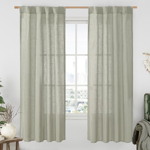 LAMIT Light Filtering Linen Curtains 72 inches Long for Bedroom, Linen Textured Semi Sheer Back Tab and Rod Pocket Boho Drapes for Window/Living Room, Sage Grey, 2 Panels, 34 x 72 Inch
