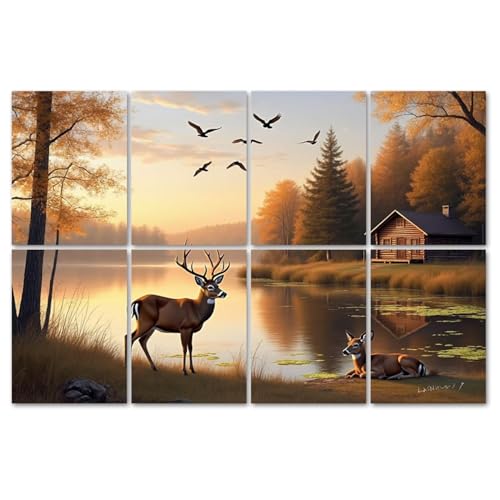 Juego de 8 Paneles Acústicos Decorativos para Pared, Absorbentes de Sonido, Diseño Vintage de Ciervo Dorado Rústico