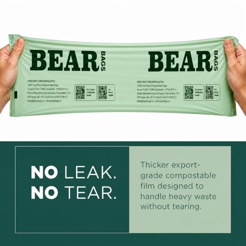 Image of BearBags Extra Strong Compostable Garbage Bags | CPCB & TUV Certified | Medium 19x21 | 30 Bags Roll | Green | Dustbin /Trash Bags | For Dry & Wet waste