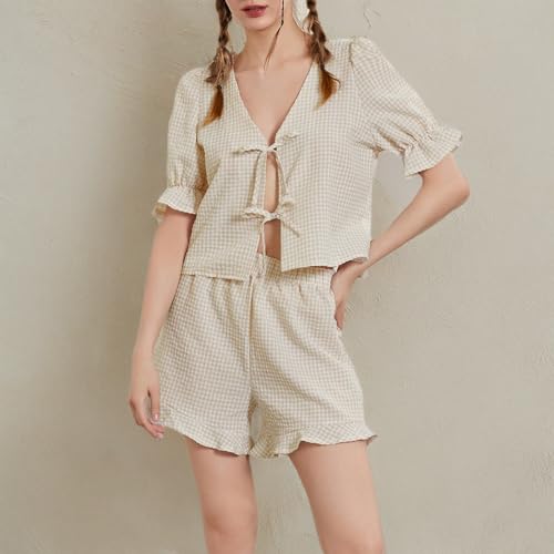 Image of Thopavenoir Women 2 Piece Casual Lounge Sets Y2k Puff Sleeve Peplum Shirt Tie Front Tee Shirt Shorts 2pcs Pajamas Sets