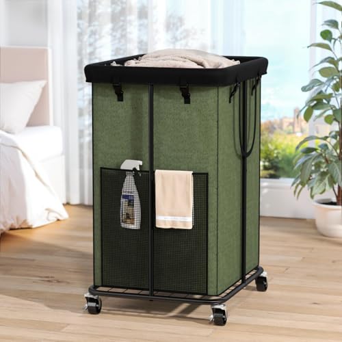 Image of 150L Laundry Hamper with Wheels, Rolling Laundry Basket with Metal Frame and Removable Bag, Large & Tall Dirty Clothes Hampers for Bedroom Aesthetic, Laundry Room, Bathroom, Dorm-Green