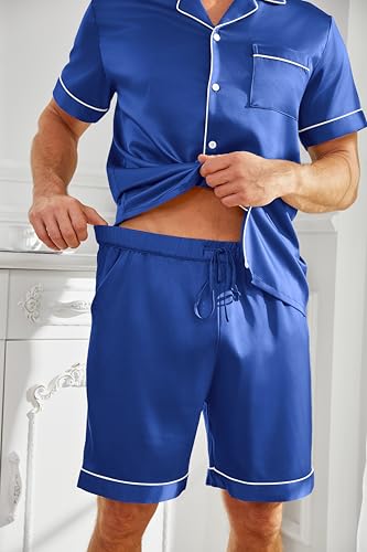 Vssjavun Mens Satin Silk Pajamas Sets Short Sleeve Button-Down Sleepwear Two Piece Loungewear with Pockets