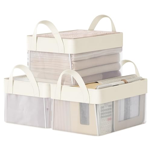 SONGMICS Juego de 3 Cajas de Almacenaje, Cesta Pequeña, Cajas Organizadoras de Tela, Plegable, Red de Nylon Transparente, 30 x 20 x 15 cm, Asas, para Baño, Cocina, Blanco Crema RFB915W01