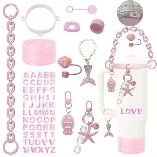 ATCCPYDM Accessories Set for Stanley Cup,Water Bottle Handle Strap,Straw Topper,Silicone Cover Cap and Boot,Keychain Charms,Handle Charms,Initials Sticker for Stanley Tumbler 40oz/30oz(Pink Ocean)