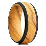 King Will 8mm Wood Rings for Men Natural Olive Wood & Dual Ebony Edges Mens Wooden Wedding Bands Vintage Everyday Ring Domed Lightweight Comfort Fit, Size 10