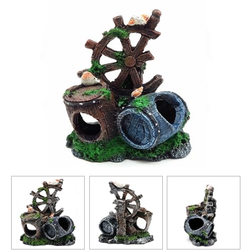 Image of Mipukbay Fish Tank Decoration, Broken Ship Wheel & Cask Aquarium Decor Hiding Cave Ornament for Freshwater /Saltwater, Safe Landscaping Rock Resin Decoration for Betta Fish, Goldfish and Aquatic Pets