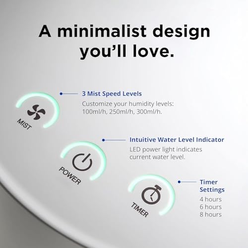 Carepod 31S Stainless Steel Humidifier for Large Room, Quiet & Safe for Baby, Only 3 Washable Parts & Easy to Clean, Ultrasonic Cool Mist Humidifiers for Bedroom, Filter-Free, Lasts 30Hrs (1Gal/4L)