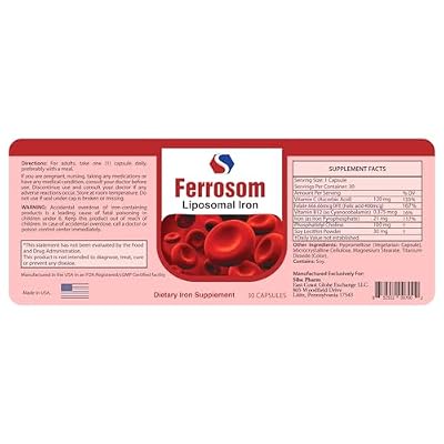 Liposomal Iron Supplements by Siba Pharm | Ferrosom Dietry Iron Vitamins Supplement | Rich in Vitamin C, B12, Folic Acid| Non GMO, Vegan, Premium Quality| Helps New Blood Cell Production | 30 Capsules