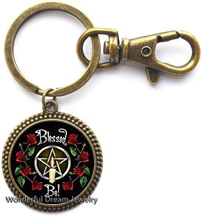 New Arrival Wiccan Key Ring Keychain Witchcraft Pagan Pentagram Black Magic Jewelry Glass cabochon Jewelry，PU080 (Brass)