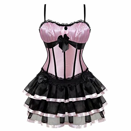 Damen Vollbrust sexy Corsage Kleid kurz Korsett mit träger Strapse Spitze schnürmieder Burlesque Gothic Rosa M