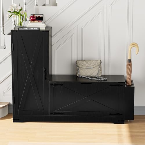 Image of GOODONE 52 inch Farmhouse Shoe Cabinet with Bench, L-Shaped Shoe Storage Bench with Umbrella Stands, Tall Shoe Organizer Cabinet with Adjustable Shelves for Entryway, Living Room, and Stairwell(Black)