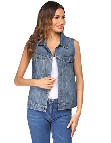 Chainscroll Women's Denim Vest Casual Classic Jean Jackets W Chest Flap Pockets #TOP3