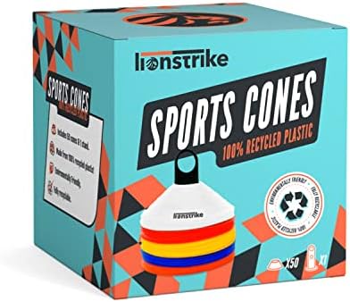 Lionstrike Football/Sports Cones Set - 50 Training Cones plus Carry Stand Environmentally-friendly training equipment, made from 100% recycled plastic