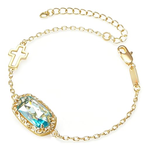 Aimétte Monette 18K Gold Plated Cross Bracelet for Women Trendy Dainty Birthstone Bracelet Stack Fashion Women's Jewelry Christian Gifts Mothers Day Gift for Her Aquamarine