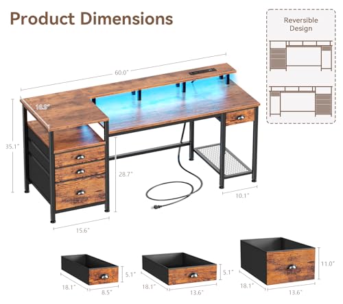 Image of Furologee 60 inch Computer Desk with File Cabinet and Storage Shelves, Reversible Home Office Desk with LED Lights, Full Monitor Stand, Power Outlets, Study Gaming Table with 4 Drawers, Rustic Brown