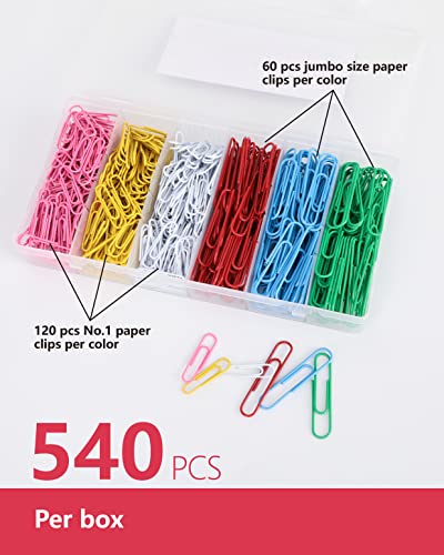 Paperpal Colorful Vinyl Coated Paper Clips, 540 Paperclips Per Box Jumbo & #1 Sizes Assorted Color, Office School & Personal Use, Daily Diy, Large & Medium Size (2" & 1-2/7") Paper Clip, Rainbow Pack #TOP2