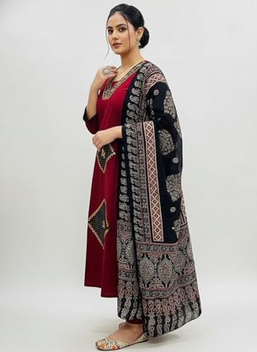 Image of BHARVITA Women's Rayon Handwork Embroidered and Printed Straight Kurta with Pant And Dupatta Sets