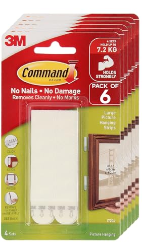 Image of 3M Command Large Picture Hanging Strips, Photo frame Hooks, Holds 7kg, No Paint Damage, Heavy Duty, Holds Strongly, Adhesive hooks for wall, Multi-surface, Pack of 6 (White, 8 strips each)