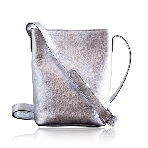 [artigianoworks] バケツ型ショルダー 本革 姫路レザー ハンドバッグ 2WAY レディース 軽量 大容量 おしゃれ シルバー as-23ss