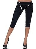 Spitzen Verarbeitung N123 Damen 3/4 Capri Jeans Hose Shorts Damenjeans Hüftjeans Caprijeans Boyfriend, Farben:Schwarz;Größen:38 (M)