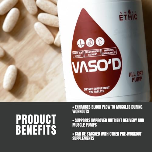 Image of Sweat Ethic VASO'D Vasodilator, Non-Stim Performance Formula with S7 Plant Blend, CarnoSyn Beta-Alanine, and Capros Indian Gooseberry, Supports Oxygen Flow & Endurance for Men and Women, 120 Capsules