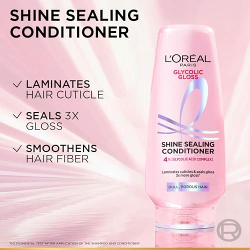 Image of L'Oreal Paris Floral Glycolic Gloss Shine Sealing Conditioner, Powered By 4% Glycolic Acid, For Dull Hair, Smoothens Hair Fiber For 3X More Gloss, 175Millilitre