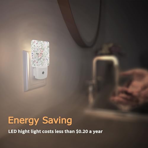 Image of Spring Flower Night Light,Pink Rose Eucalyptus Leave Night Lights Plug into Wall with Dusk to Dawn Light Sensors Nightlights for Bedroom Bathroom Hallway Kitchen Gifts Ideal for Girls Women