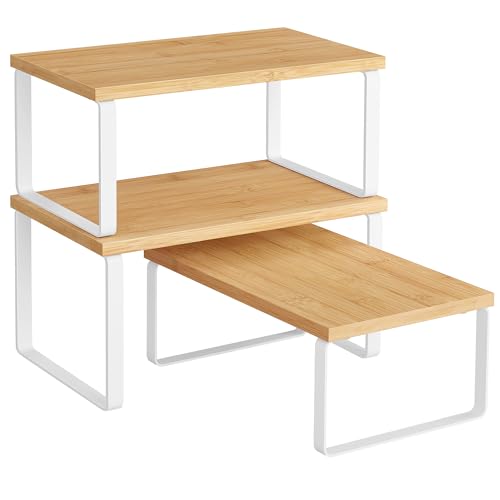 SONGMICS Cabinet Organizer Shelf, Set of 3 Kitchen Counter Shelves, Kitchen Storage, Spice Rack, Stackable, Expandable, Cloud White and Natural Beige UKCS014YL02