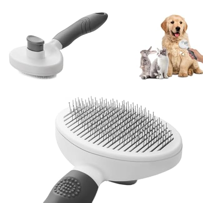 cat brush with release button,self-cleaning pet brush,cat brush&dog brush, small dog brush,Pet Hair Grooming,Easy removes loose undercoat, fine needle (Grey)-TtZ1vfzI