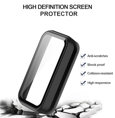 E ECSEM Compatible for Amazfit Band 7 Case with Built-in Tempered Glass Screen Protector, Full Coverage Hard PC Ultra-Thin Protective Cover for Amazfit Band 7 Accessories (Black&Black)