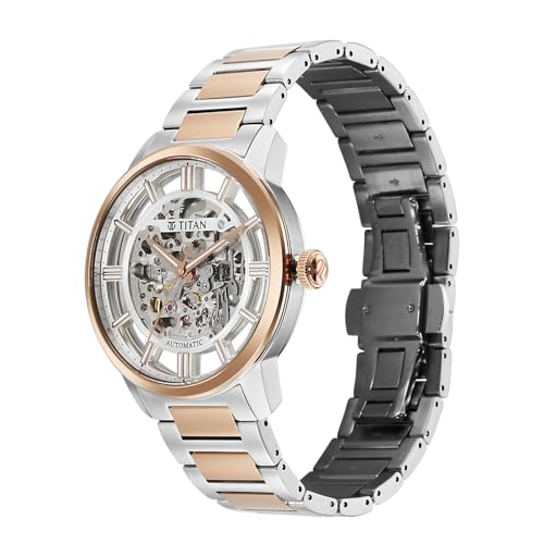 Image of Titan See-Through Skeletal Automatic Analog with White Dial Bimetal Rose Gold & Steel Strap Watch for Men - 90220KM01