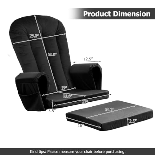 Image of Lucky Monet 5PCS Velvet Glider Rocker Replacement Cushions, Thickened & Supportive Rocking Chair Cushion Set with 29.5 Inch High Backrest & Storage Pockets, for Indoor Nursery Glider & Ottoman, Black