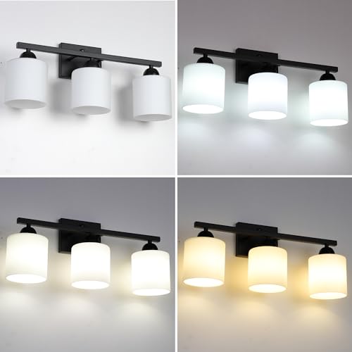 Image of Mecgirn Milk Glass Vanity Lights for Bathroom, 3 Light Matte Black Bathroom Light Fixtures Over Mirror, Ceramic E26 Sockets Wall Mounted