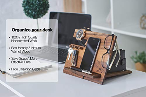 Teslyar Natural Walnut Wood Phone Docking Station Hooks Key Holder Wallet Stand Watch Organizer Men Husband Anniversary Birthday Nightstand Purse Father Graduation Male Idea Gadgets Solid #TOP3