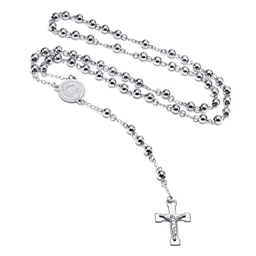 VNOX Unisex Black Stainless Steel Long Rosary Bead Chain Jesus Cross Catholic Crucifix Cross Necklace,36", Lava Stone