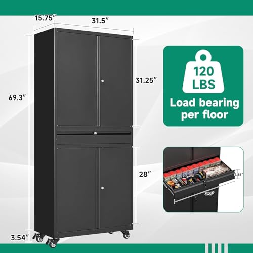 Image of Letaya Metal Garage Storage Cabinet with Wheels,Rolling Tool Cabinet with 4 Door Lock-Adjustable Shelves and 1 Drawer for Garage Home Office Utility Room (Black with Wheels)