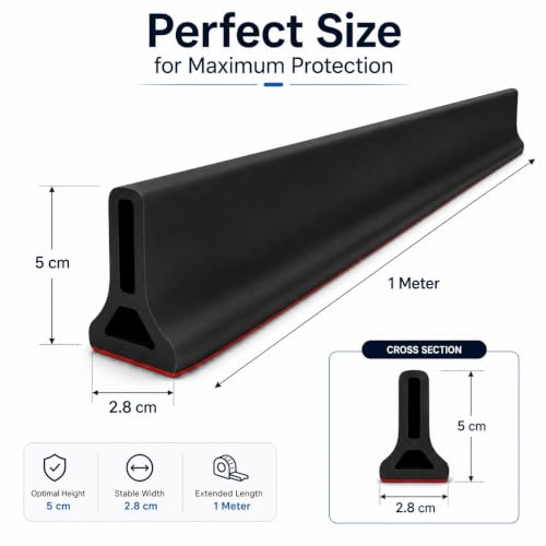 Image of Flexible Silicone Shower Water Dam (1 Meter), Collapsible Shower Threshold & Water Barrier, Self-Adhesive Water Stopper for Bathroom Floors & Kitchen Sinks (Black, 5cm Height)