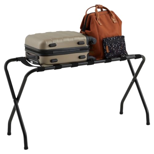 IDIMEXPorte-Valise Voyage en métal Noir, Support-Bagages Accessoire de Chambre hôtel pour Sac de Voyage, Support Valise Pliable avec 7 Sangles de Maintien