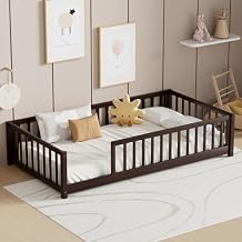 LLS Twin Floor Bed for Children, Durable Montessori Floor Bed with Sturdy Slats and Safety Fence, Solid Wood Floor Bed Frame for Girls Boys and Teens, Espresso Without Door