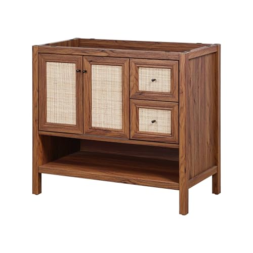 JONATHAN Y Jasper 36" Rattan Freestanding Vanity Cabinet Only, Walnut