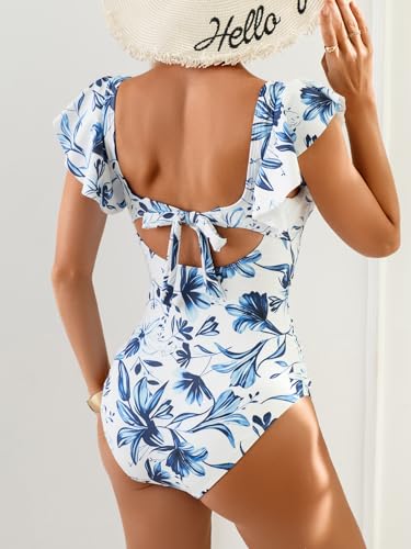 Image of Eomenie Womens Ruffled One Piece Swimsuit Slimming Tummy Control Bathing Suit V-Neck Cutout Swimwear for Resort Wear