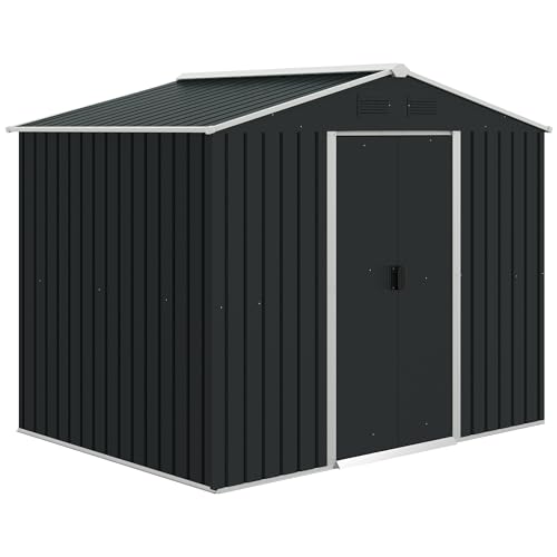 Outsunny Caseta de Jardín de 3,6 m² 236x174x190 cm Cobertizo Exterior de Metálico para Almacenar Herramientas con Puertas Correderas y 4 Ventanas para Terraza Patio Gris