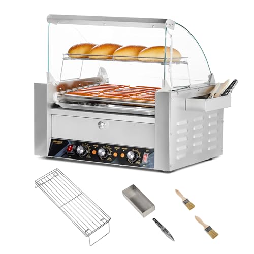 ROVSUN Hot Dog Roller, 24 Hot Dog 9 Rollers ETL Certified, Hot Dog Machine with Bun Warmer, Dual Temp Control, Glass Cover, LED, Side Storage Box, Shelf & Drip Tray for Party Home Commercial 1500W